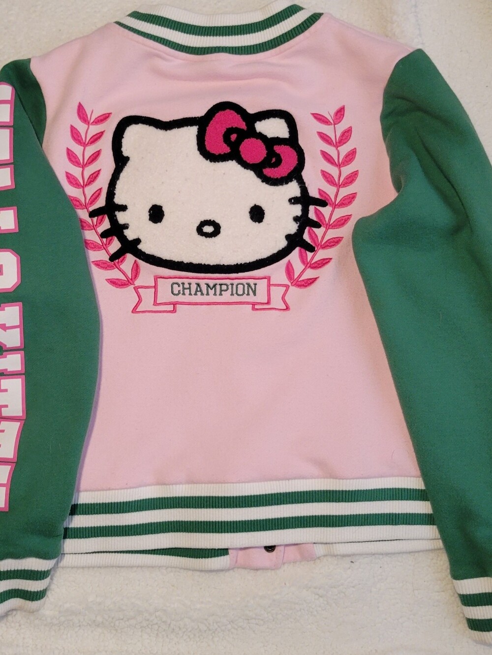 Hello Kitty Sanrio Varsity Jacket Adult XS Pink Green Snap Front Bomber